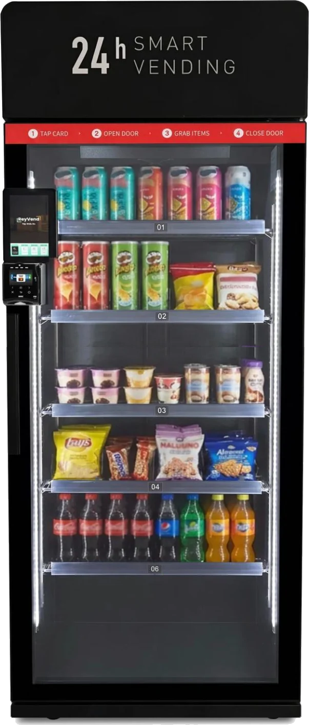 ReyVend AI smart cooler, stocked